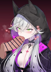 1boy 1girl black_jacket blush body_markings breasts censored choker coffeekite crossed_bangs demon_girl demon_horns ear_piercing erection fate/grand_order fate_(series) fellatio green_eyes grey_hair hetero highres hood horns jacket lilith_(fate) lilith_(first_ascension)_(fate) long_hair long_sleeves low_twintails oral penis piercing twintails