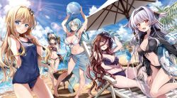 5girls :d absurdres ahoge armpits arms_up ball beach beachball bikini bikini_under_clothes blue_eyes blue_hair blush breasts brown_hair chair cleavage collarbone cooking day food grill grilling grimm_(sentouin_hakenshimasu!) hair_between_eyes hair_flaps hair_ornament hairclip hand_in_own_hair highres holding holding_ball holding_beachball holding_food horns innertube kakao_rantan kisaragi_alice large_breasts long_hair looking_at_viewer lounge_chair medium_breasts multicolored_hair multiple_girls navel official_art one-piece_swimsuit open_mouth outdoors pointy_ears red_eyes red_hair rose_(sentouin_hakenshimasu!) sarong school_swimsuit see-through_clothes sentouin_hakenshimasu! short_hair silver_hair single_horn sitting small_breasts smile snow_(sentouin_hakenshimasu!) standing streaked_hair swim_ring swimsuit thighs very_long_hair viper_(sentouin_hakenshimasu!) wavy_hair yellow_eyes