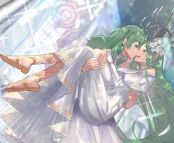 2girls bare_shoulders blurry blurry_background braid breasts bridal_gauntlets bridal_veil choker dress female_byleth_(enlightened)_(fire_emblem) female_byleth_(fire_emblem) fire_emblem fire_emblem:_three_houses flower glint green_eyes green_hair kojijima lily_(flower) long_hair medium_breasts multiple_girls nintendo pointy_ears rhea_(fire_emblem) sandals veil very_long_hair white_choker white_dress white_flower white_lily yuri