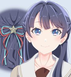 Rule 34 | 1girl, absurdres, blue background, blue eyes, blue hair, blue ribbon, blush, brown cardigan, brown dress, cardigan, closed mouth, commentary, dress, hair intakes, hair ornament, hair ribbon, half updo, hasu no sora school uniform, highres, link! like! love live!, long hair, looking at viewer, love live!, mole, mole on neck, multiple views, murano sayaka, portrait, red ribbon, ribbon, sailor collar, sailor dress, school uniform, shirane nanimo, simple background, smile, split mouth, star (symbol), star hair ornament, virtual youtuber, white sailor collar, winter uniform