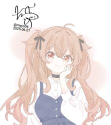 Rule 34 | 1girl, :3, ahoge, black choker, black ribbon, blue dress, chame (myyo04), choker, closed mouth, dated, dress, hair intakes, hair ribbon, kantai collection, long hair, long sleeves, looking at viewer, murasame (kancolle), orange eyes, orange hair, ribbon, shirt, signature, simple background, smile, solo, two side up, white background, white shirt