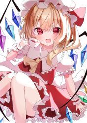 1girl absurdres blonde_hair blush charlotte11037 crystal_wings cup fang flandre_scarlet hat highres holding holding_cup long_hair looking_at_viewer mob_cap open_mouth red_eyes red_shirt red_skirt shirt side_ponytail simple_background sitting skirt solo teacup touhou white_background white_hat