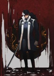 1boy ace_attorney bad_id bad_pixiv_id black_hair black_suit black_vest blood blood_on_face formal_clothes green_necktie necktie ponytail raycrodu_h simon_blackquill solo suit sword vest weapon