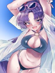 1girl absurdres arms_up bikini black_bikini blue_archive blush breasts commentary_request eyewear_on_head fang highres jacket large_breasts long_hair looking_at_viewer navel o-ring o-ring_bikini official_alternate_costume pink-framed_eyewear ponytail purple_hair skin_fang smile solo stomach sunglasses sweat swimsuit very_long_hair vivo_(vivo_sun_0222) white_jacket yukari_(blue_archive) yukari_(swimsuit)_(blue_archive)