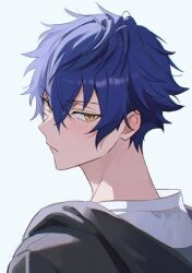Rule 34 | 1boy, aqua background, bishounen, black hoodie, blue hair, ensemble stars!, from behind, hood, hoodie, light blush, looking at viewer, looking back, male focus, portrait, sarara rarara, sazanami jun, simple background, solo, yellow eyes