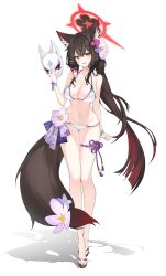 Rule 34 | 1girl, absurdres, animal ear fluff, animal ears, bead bracelet, beads, bikini, blue archive, blush, bracelet, breasts, cleavage, colored inner hair, commentary request, flower, fox ears, fox girl, fox mask, fox tail, full body, hair between eyes, hair flower, hair intakes, hair ornament, halo, highres, holding, holding mask, jewelry, large breasts, long hair, looking at viewer, mask, multicolored hair, navel, official alternate costume, official alternate hairstyle, open mouth, red hair, red halo, simple background, smile, solo, standing, string bikini, swimsuit, tail, tail flower, tail ornament, thigh strap, thighs, very long hair, wakamo (blue archive), wakamo (swimsuit) (blue archive), white background, white bikini, yaho (a01085748817), yellow eyes