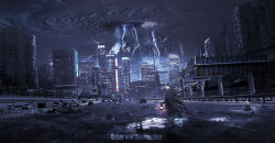 Rule 34 | 1girl, abandoned, absurdres, black cloak, boots, building, car, chinese commentary, city, cloak, english text, facing away, grey boots, grey hair, highres, highway, holding, holding lantern, lantern, lifeline (a384079959), lightning, long hair, motor vehicle, night, original, scenery, solo, storm, very long hair