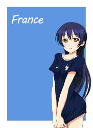 10s 1girl bad_id bad_pixiv_id blue_hair blush bottomless breasts brown_eyes cowboy_shot female_focus france long_hair love_live! love_live!_school_idol_project naked_shirt no_bra no_panties shirt shirt_tug small_breasts soccer soccer_uniform solo sonoda_umi sportswear world_cup zuihou_(hechen121)