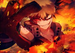 1boy arm_up bakugou_katsuki bare_shoulders black_mask blonde_hair blood blood_from_mouth blood_on_face blood_on_shoulder bloody_tears boku_no_hero_academia commentary_request debris eye_injury fire gloves grin highres injury looking_at_viewer male_focus mask multicolored_gloves orange_theme outstretched_arm red_eyes ryo_(piggerworld) sanpaku short_hair smile solo superhero_costume teeth torn_mask upper_body v-neck