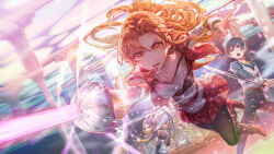 2boys 2girls asuna_(sao) b.c.n.y. black_hair blue_eyes fighting highres holding holding_sword holding_weapon kirito long_hair multiple_boys multiple_girls orange_eyes orange_hair purple_hair running sword sword_art_online unsheathed weapon yuuki_(sao) zombie
