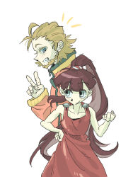 Rule 34 | 1boy, 1girl, beard, blonde hair, brown hair, colored eyelashes, dress, facial hair, father and daughter, grey eyes, grin, hand on own hip, hand up, high collar, jacket, kumazaki karen, kumazaki riku, long hair, long sleeves, natsumi (723type), notice lines, ponytail, red dress, red jacket, saibou shinkyoku, short hair, simple background, smile, v, white background, zipper