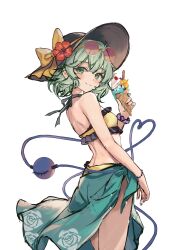 1girl absurdres bikini black_hat black_trim bow closed_mouth eyewear_on_head flower food frilled_bikini frills green_eyes green_hair green_sarong hat hat_bow hat_flower highres holding holding_food holding_ice_cream holding_ice_cream_cone ice_cream ice_cream_cone komeiji_koishi orchid_(orukido) round_eyewear sarong short_hair smile solo sunglasses swimsuit third_eye touhou yellow_bikini yellow_bow