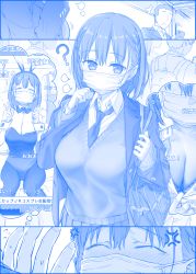 1boy 1girl ? ai-chan_(tawawa) anger_vein bag blue_theme blush braid breasts cellphone check_commentary cleavage closed_eyes collar_tug comic commentary commentary_request cosplay danmaku_comments faceless faceless_male flying_sweatdrops getsuyoubi_no_tawawa himura_kiseki imagining iphone iphone_x large_breasts leotard livestream mask monochrome mouth_mask necktie pantyhose phone playboy_bunny school_uniform short_hair shoulder_bag sick silent_comic smartphone surgical_mask sweater_vest translation_request v