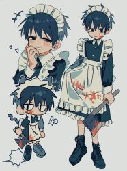 1boy apron axe black_dress black_hair blood blood_on_clothes blood_on_face chibi crossdressing dress hatchet_(axe) highres looking_at_viewer maid maid_apron maid_headdress multiple_views original short_hair smile trap umipi white_apron white_background