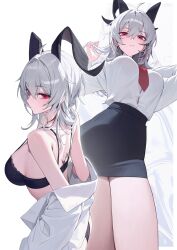 1girl alternate_costume back black_bra black_horns black_panties black_skirt bra breasts button_gap closed_mouth clothes_down commentary curled_horns earrings grey_hair hair_between_eyes hands_up highres horns jewelry key_earrings large_breasts long_hair long_sleeves looking_at_viewer mole mole_under_eye multicolored_hair multiple_views necktie office_lady panties pencil_skirt red_eyes red_necktie shirt shirt_tucked_in simple_background skirt smile streaked_hair tacet_mark_(wuthering_waves) thighs underwear white_background white_hair white_shirt wuthering_waves xi_xeong zani_(wuthering_waves)