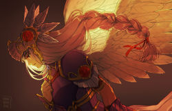 1girl armor blue_armor blue_eyes blue_hair bow braid fantasy feathered_wings hair_bow helmet lenneth_valkyrie long_hair manreeree ribbon shoulder_armor solo valkyrie valkyrie_profile_(series) warrior white_hair winged_helmet wings