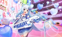 1girl :d ahoge animal_ears artist_request balloon bear_ears black_thighhighs blue_eyes blue_gemstone blue_hair blue_skirt blunt_bangs bow brooch cape concert cowboy_shot elbow_gloves frilled_skirt frills gem gloves glowstick hair_bow hair_ornament hairpin hand_up heart_balloon holding holding_instrument instrument jewelry keyboard_(instrument) long_hair microphone_stand neck_ribbon official_art open_mouth ribbon shirt show_by_rock!! skirt sleeveless sleeveless_shirt smile solo spade_hair_ornament sparkle stage stage_lights standing thighhighs third-party_source tsukino_(show_by_rock!!) white_cape white_gloves white_shirt