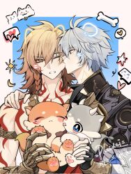 Rule 34 | 2boys, antenna hair, arm tattoo, armlet, armor, biting, biting cheek, black choker, black coat, black gloves, black shirt, blonde hair, blue cape, blue eyes, braid, cape, chest tattoo, chimera (honkai: star rail), choker, clawed gauntlets, coat, commentary, creature, drawn ears, drawn whiskers, earrings, facial tattoo, fig stew (honkai: star rail), fingerless gloves, gloves, gold earrings, gold necklace, goldenpenguin96, gradient hair, hair between eyes, hand on another&#039;s shoulder, highres, holding, holding creature, honkai: star rail, honkai (series), jewelry, male focus, medium hair, multicolored hair, multiple boys, mydei (honkai: star rail), neck tattoo, necklace, open clothes, open coat, parted bangs, pauldrons, phainon (honkai: star rail), phainon (vigethos) (honkai: star rail), red hair, red tattoo, shirt, short hair, shoulder armor, side braid, single glove, single pauldron, sun symbol, sun tattoo, tan, tattoo, white coat, white hair, yellow eyes