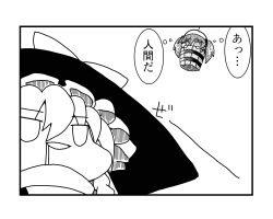 2girls abareimo bow bucket greyscale hat hat_bow highres in_bucket in_container kirisame_marisa kisume looking_at_another monochrome multiple_girls open_mouth speech_bubble thought_bubble touhou witch_hat