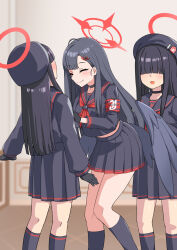 Rule 34 | 172cm, 3girls, armband, beret, black choker, black gloves, black hair, black hat, black sailor collar, black serafuku, black skirt, black socks, black wings, blue archive, breasts, choker, closed eyes, covered eyes, feathered wings, gloves, hair ornament, hair over eyes, hairclip, halo, hat, highres, ichika (blue archive), justice task force member (blue archive), long bangs, long hair, long sleeves, low wings, medium breasts, miniskirt, multiple girls, neckerchief, pleated skirt, red armband, red halo, red neckerchief, sailor collar, school uniform, serafuku, skirt, smile, socks, very long hair, wings