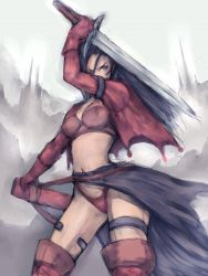1girl aira_(dq7) blue_hair dragon_quest dragon_quest_vii female_focus fumio_(rsqkr) gloves holding holding_sword holding_weapon long_hair panties red_panties solo sword thigh_strap thighhighs underwear v-shaped_eyebrows weapon