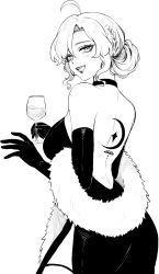 1girl :d aegyo_sal ahoge alternate_costume alternate_hairstyle ass back back_tattoo backboob backless_dress backless_outfit bare_shoulders blush breasts choker commentary cowboy_shot crescent_tattoo cup curtained_hair dress drinking_glass earrings elbow_gloves emma_(sasucchi95) english_commentary eyelashes from_behind from_below gloves greyscale hair_bun hatching_(texture) high_contrast highres holding holding_cup hoop_earrings jewelry large_breasts lips looking_at_viewer looking_back mature_female monochrome open_mouth original parted_bangs sasucchi95 short_hair side_slit sidelocks simple_background single_hair_bun slit_pupils smile solo standing strapless strapless_dress tattoo teeth tongue tsurime wine_glass