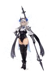 Rule 34 | 1girl, absurdres, artistic error, belt, black boots, black hairband, black leotard, blonde hair, blue brooch, boots, flower, full body, gauntlets, hair flower, hair ornament, hairband, hand on own hip, head tilt, highres, holding, holding polearm, holding staff, holding weapon, kurasuta, leotard, original, polearm, puffy sleeves, short hair, signature, simple background, solo, staff, standing, thigh boots, thighhighs, thighs, weapon, white background