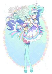 1girl adapted_costume aqua_background aqua_hat aqua_shoes aqua_theme aqua_thighhighs blue_background blunt_bangs bow bow_legwear bright_pupils closed_mouth cure_lillian dot_nose dress dress_bow epaulettes eyelashes floating_clothes floating_hair flower flute frilled_dress frills full_body gloves gradient_background grid_background happy hat hat_feather hat_ornament hat_print heart heart_hat_ornament high_heels high_side_ponytail highres holding holding_flute holding_instrument instrument light_blush long_legs looking_ahead magical_girl music nekoyashiki_mayu one_eye_closed pink_bow pink_eyes playing_instrument pleated_dress precure puffy_short_sleeves puffy_sleeves pumps serizawa_serizane shako_cap shoes short_dress short_sleeves sleeve_bow smile solo standing thighhighs twitter_username watermark wavy_hair white_background white_dress white_gloves white_pupils wonderful_precure!