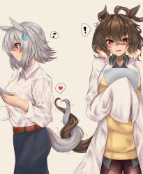 ! 2girls agnes_tachyon_(umamusume) ahoge animal_ears belt black_pants blush brown_belt brown_hair brown_pantyhose cardigan closed_mouth coat collared_shirt commentary_request cowboy_shot female_trainer_(umamusume) grey_hair heart_tail_duo highres hisagi_(hisagi00) horse_ears horse_girl horse_tail multiple_girls musical_note open_clothes open_coat open_mouth pants pantyhose red_eyes shirt short_hair simple_background smile spoken_exclamation_mark spoken_musical_note tail tails_touching trainer_(umamusume) umamusume white_coat white_shirt yellow_cardigan yuri