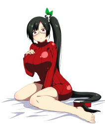 1girl :o barefoot bed_sheet black_hair blazblue breast_suppress breasts female_focus full_body glasses hair_ornament highres huge_breasts impossible_clothes impossible_sweater kaname_nagi lao_jiu legs lips litchi_faye_ling long_hair long_sleeves low-tied_long_hair red_eyes ribbed_sweater semi-rimless_eyewear shiny_clothes side_ponytail simple_background sitting solo sweater thighs turtleneck under-rim_eyewear very_long_hair wariza white_background yin_yang
