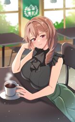 Rule 34 | 1girl, absurdres, alternate costume, arm support, azur lane, black shirt, blush, box, breasts, brown hair, cafe, chair, closed mouth, commission, duca degli abruzzi (azur lane), erushira, green skirt, high-waist skirt, highres, indoors, large breasts, long hair, looking at viewer, red eyes, red nails, sardegna empire (emblem), shirt, shirt tucked in, sidelocks, simple background, sitting, skirt, sleeveless, sleeveless shirt, smile, solo, steam, table, upper body