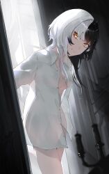 1girl absurdres backlighting bottomless breasts buttons candle candlestand closed_mouth dress_shirt dutch_angle highres hololive hololive_english indoors kurochanai leaning_forward long_hair looking_at_viewer medium_breasts multicolored_hair naked_shirt no_bra open_clothes open_shirt orange_eyes partially_unbuttoned see-through_clothes see-through_shirt see-through_silhouette shiori_novella shirt smile solo split-color_hair standing two-tone_hair virtual_youtuber white_shirt