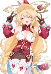 Rule 34 | 1girl, alice (genshin impact), artist name, bare shoulders, blonde hair, breasts, brown gloves, cleavage, closed eyes, cowlick, detached collar, detached sleeves, dress, genshin impact, gloves, headgear, highres, long hair, off-shoulder dress, off shoulder, open mouth, pointy ears, red dress, red sleeves, setonogiwa, simple background, smile, solo, teeth, thighhighs, twitter username, upper teeth only, v, watermark, white background, white thighhighs