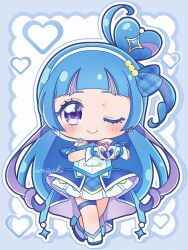 1girl bare_shoulders blue_hair chibi chibi_only closed_mouth cure_wink heart heart_hands highres kimi_to_idol_precure long_hair multicolored_hair pleated_skirt precure purple_eyes purple_hair skirt smile solo two-tone_hair umiyuki_(umi_chu) very_long_hair white_skirt