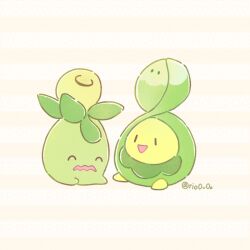 black_eyes budew closed_eyes commentary_request creatures_(company) full_body game_freak gen_4_pokemon highres looking_at_another nintendo no_humans open_mouth pink_background pokemon pokemon_(creature) rio_(rio0v0o) sitting smoliv twitter_username wavy_mouth