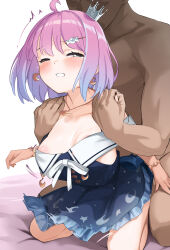 1boy 1girl absurdres ahoge areola_slip arou_(arrow_x666) bed_sheet blue_dress blush bob_cut candy_hair_ornament clenched_teeth clothed_female_nude_male commentary crescent crescent_earrings crescent_necklace crescent_print crown dress earrings food-themed_hair_ornament gradient_clothes gradient_dress gradient_hair green_eyes hair_ornament hetero highres himemori_luna himemori_luna_(sundress) hololive jewelry kneeling mini_crown multicolored_hair necklace nude off_shoulder official_alternate_costume official_alternate_hair_length official_alternate_hairstyle one_eye_closed pink_eyes pink_hair print_dress purple_hair sailor_collar sailor_dress sex sex_from_behind short_dress short_hair sitting sleeveless sleeveless_dress solo_focus teeth virtual_youtuber white_sailor_collar
