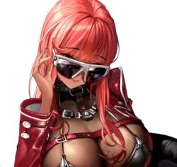 1girl animated bikini bouncing_breasts breasts dark-skinned_female dark_skin fellatio_gesture game_cg goddess_of_victory:_nikke huge_breasts jacket jumpsuit large_breasts live2d long_hair one_eye_closed open_mouth red_hair solo suggestive_gesture suggestive_look sunglasses sunglasses_on_head swimsuit tagme third-party_edit tongue video volume_(nikke) wink yellow_eyes