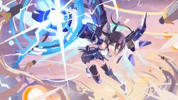 1girl :d absurdres aqua_eyes aqua_halo aqua_necktie aris_(blue_archive) aris_(mecha_suit)_(blue_archive) arm_cannon bare_shoulders black_thighhighs blue_archive blue_leotard blue_skirt breasts bright_pupils chinese_commentary commentary_request firing floating_hair flying foot_up full_body hair_between_eyes halo highleg highleg_leotard highres leotard long_bangs long_hair long_hair_between_eyes looking_at_viewer mecha_musume mechanical_arms mechanical_ears mechanical_legs mechanical_wings multicolored_leotard necktie nppc open_mouth outstretched_arm rectangular_halo ringed_eyes showgirl_skirt sidelocks skirt smile solo teeth thighhighs twintails upper_teeth_only v-shaped_eyebrows very_long_hair weapon white_leotard wings