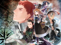 2girls 3boys armor black_hair blue_eyes book braid british_(rance) cafe_artful cape chaos_(rance) commentary_request expressionless glasses half_mask hayasaka ho_laga holding holding_book katana long_hair map mask multiple_boys multiple_girls nikkou_(rance_series) profile rance_(series) red_eyes red_hair robe sword twin_braids weapon