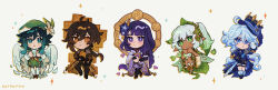 2boys 3girls absurdres aetherlites ahoge alternate_skin_color angel_wings antenna_hair armor black_thighhighs blue_hair blue_hat blue_pupils blue_suit blunt_bangs braid braided_sidelocks bridal_gauntlets brown_eyes brown_hair brown_suit chibi chibi_only chinese_commentary closed_mouth collared_jacket commentary cube curly_hair dark-skinned_female dark_skin dress english_commentary feathered_wings floating flower_ornament formal_clothes furina_(genshin_impact) genshin_impact gloves gradient_hair green_eyes green_hair green_hat grey_background hair_between_eyes hair_ornament hat head_tilt heterochromia highres holding holding_orb huge_ahoge jacket japanese_clothes leaf_hair_ornament long_braid long_hair long_sleeves looking_at_viewer low_ponytail mitsudomoe_(shape) mole mole_under_eye multicolored_eyes multicolored_hair multiple_boys multiple_girls nahida_(genshin_impact) neck_ribbon open_mouth pants pantyhose ponytail purple_eyes purple_hair raiden_shogun red_ribbon red_sash ribbon sash shorts shoulder_armor side_ponytail single_braid standing streaked_hair suit thighhighs tomoe_(symbol) top_hat venti_(genshin_impact) wavy_hair white_gloves white_pantyhose white_wings wings zhongli_(genshin_impact)