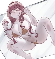 1girl :3 absurdres akane_lize armpit_crease bare_arms bare_legs bare_shoulders barefoot bikini breasts brown_eyes cleavage closed_mouth gold_bikini hair_ornament hairclip hands_up highres large_breasts long_hair looking_at_viewer navel red_hair sangobob smile solo stellive stomach string_bikini swimsuit thighs virtual_youtuber