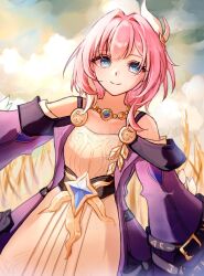 Rule 34 | 1girl, blue eyes, breasts, coat, commentary request, cyrene (honkai: star rail), dress, funafu, hair ornament, honkai: star rail, honkai (series), jewelry, looking at viewer, necklace, outdoors, pink hair, pink pupils, purple coat, small breasts, smile, solo, wheat, wheat field, white dress, white hair