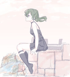 1girl absurdres bare_shoulders black_boots black_dress boots breasts brick_wall brown_sky cityscape closed_mouth cloud dress green_hair hair_between_eyes highres outdoors pleated_skirt purple_eyes seila_rei side_ponytail sitting skirt sleeveless sleeveless_dress small_breasts smile solo sousou_no_frieren thigh_strap ubel_(sousou_no_frieren)