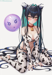 1girl animal_print bell bikini black_hair black_nails blush breasts bubble cow_print cow_print_bikini cow_print_gloves cow_print_thighhighs cowbell elbow_gloves fingerless_gloves gloves goddess_of_victory:_nikke green_hair hair_intakes highres kinoko_kun large_breasts little_mermaid_(nikke) long_hair looking_at_viewer multicolored_hair paid_reward_available print_bikini print_gloves print_thighhighs simple_background sitting solo swimsuit thighhighs twintails two-tone_hair variant_set very_long_hair wariza white_background yellow_eyes