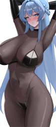 1girl absurdres alternate_costume arms_behind_head arms_up bikini bikini_over_clothes black_bikini black_gloves blue_eyes blue_hair blush bodystocking braid breasts closed_mouth commentary_request covered_collarbone covered_groin covered_navel cowboy_shot elbow_gloves gloves goddess_of_victory:_nikke hair_intakes half_up_braid halterneck helm_(nikke) highleg highleg_bikini highres huge_breasts korean_commentary long_hair looking_at_viewer micro_bikini minji_(jimin10804) raised_eyebrows sidelocks simple_background solo standing string_bikini swimsuit very_long_hair white_background