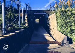 blue_sky brick_floor cloud day grass manhole no_humans original outdoors plant princeeugen2 railing scenery sky storm_drain tunnel