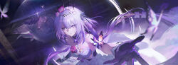 1girl absurdres bare_shoulders bow breasts bug butterfly castorice_(honkai:_star_rail) chinese_commentary collarbone commentary_request double-parted_bangs dress flower gloves gradient_hair hair_between_eyes hair_bow hair_ornament highres honkai:_star_rail honkai_(series) incredibly_absurdres insect long_hair mix_(mix233) multicolored_hair multiple_hair_bows outstretched_arm purple_bow purple_eyes purple_gloves purple_hair reflection ribbon very_long_hair white_dress