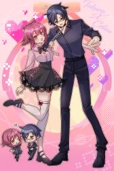 1boy 1girl black_pants black_shoes black_skirt blazer blue_eyes blue_hair blue_shirt blush bow bow_legwear breasts buttons chain chain_leash chaos;child chibi chibi_inset collar collarbone collared_shirt frilled_sleeves frills full_body glasses hair_between_eyes hair_bow hair_ornament heart hekiho_academy_school_uniform high-waist_skirt highres holding holding_leash jacket lace lace-trimmed_skirt lace_trim leash leash_pull leather_belt loafers long_hair long_sleeves looking_at_another mary_janes miniskirt miyashiro_takuru necktie onoe_serika open_clothes open_collar open_jacket open_mouth pants pink_bow pink_eyes pink_hair red_eyes ribbon school_uniform shirt shoes short_hair sidelocks skirt small_breasts smile standing standing_on_one_leg thick_thighs thighhighs thighs tongue white_shirt white_thighhighs zer00han zettai_ryouiki