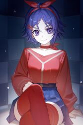 1girl bad_source belt blue_eyes blue_hair blue_skirt bow bow_choker bow_hairband choker collarbone crossed_legs facing_viewer figure_four_sitting hair_ornament hairband hairclip hand_on_ground hand_on_own_thigh highres long_sleeves looking_at_viewer miside mita_(miside) official_art pleated_skirt red_choker red_hairband red_shirt red_thighhighs shirt shirt_tucked_in short-haired_mita_(miside) sitting skirt smile solo thighhighs