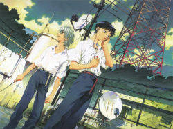 2boys absurdres blouse chain-link_fence cloud color_halftone dutch_angle earphones fence from_below highres ikari_shinji industrial_pipe male_focus multiple_boys nagisa_kaworu neon_genesis_evangelion official_art outdoors parabolic_antenna rust scan shirt sony white_shirt